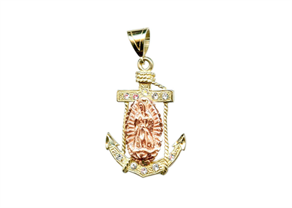 Two Tone Plated CZ Studded Virgin Mary Anchor Pendant